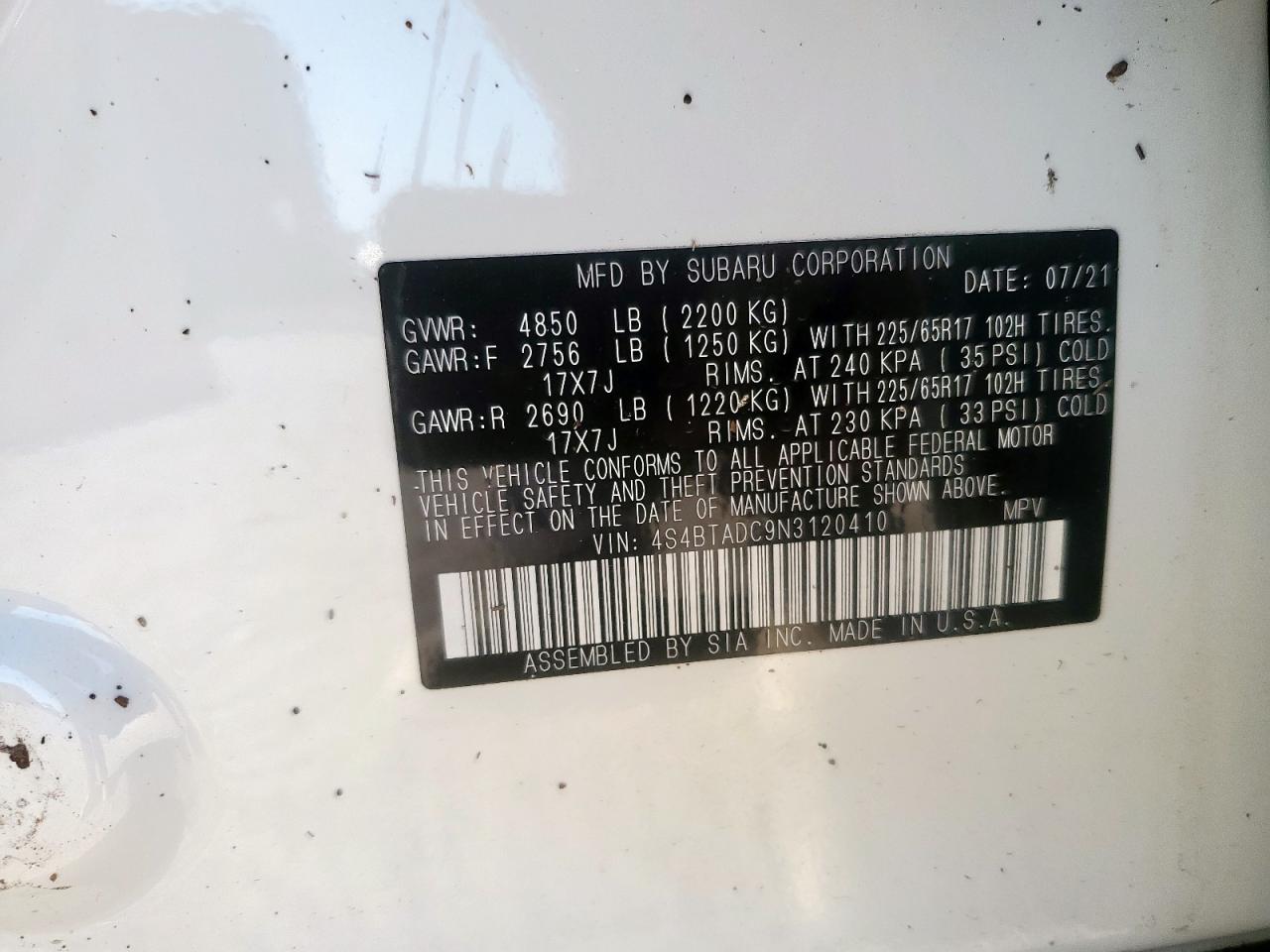 2022 Subaru Outback Premium VIN: 4S4BTADC9N3120410 Lot: 64324675
