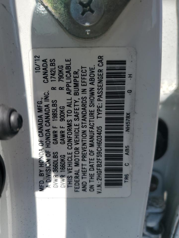 2012 Honda Civic Lx VIN: 2HGFB2F59CH603405 Lot: 64800885
