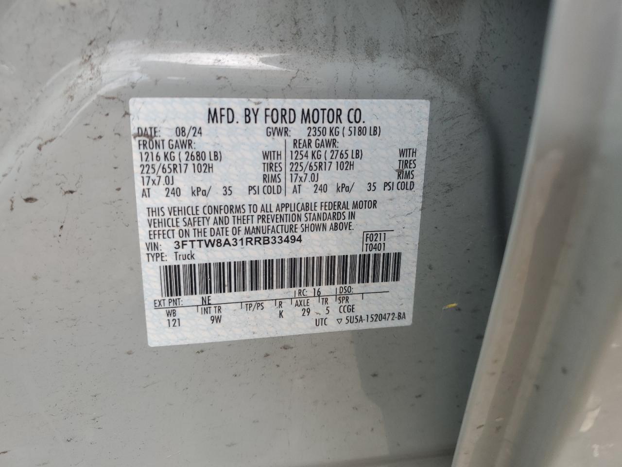 2024 Ford Maverick Xl VIN: 3FTTW8A31RRB33494 Lot: 65028285