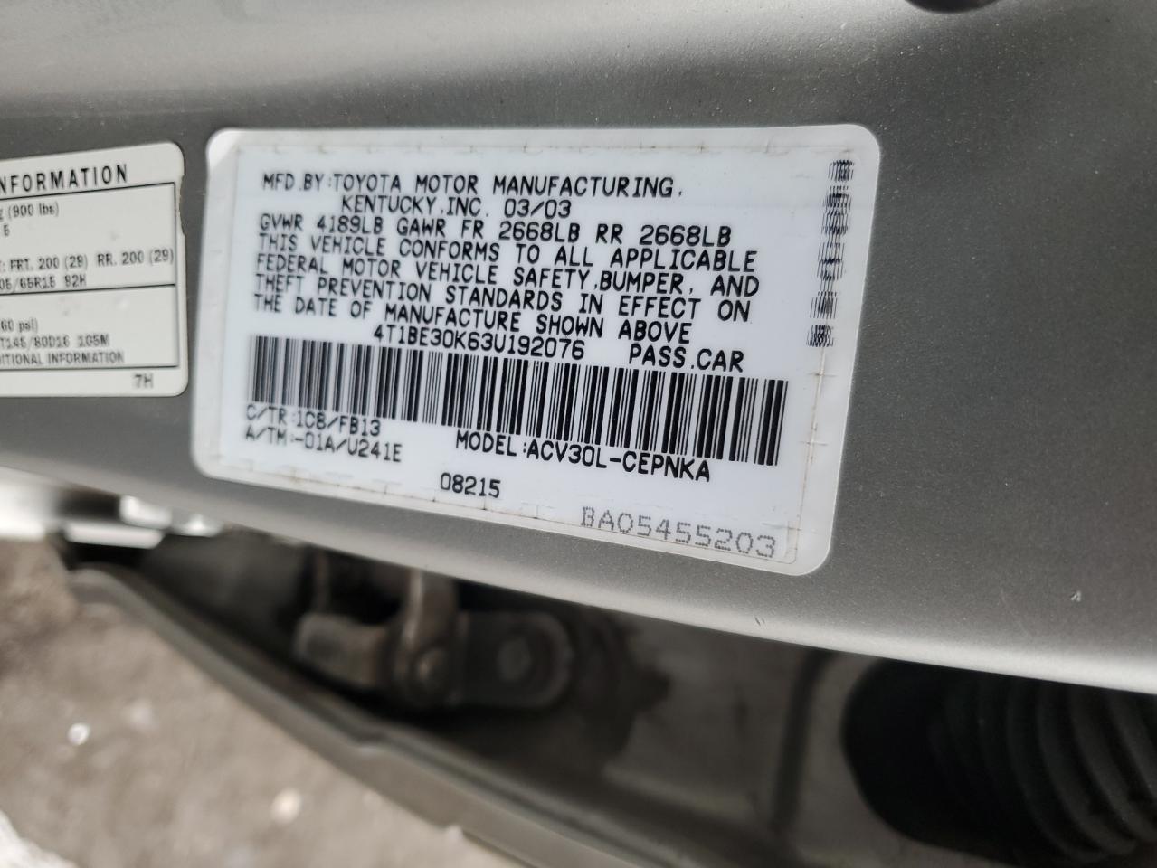 2003 Toyota Camry Le VIN: 4T1BE30K63U192076 Lot: 63360815
