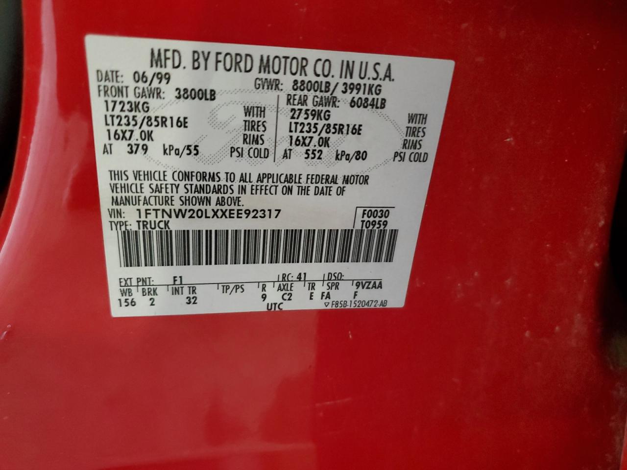 1999 Ford F250 Super Duty VIN: 1FTNW20LXXEE92317 Lot: 65546475
