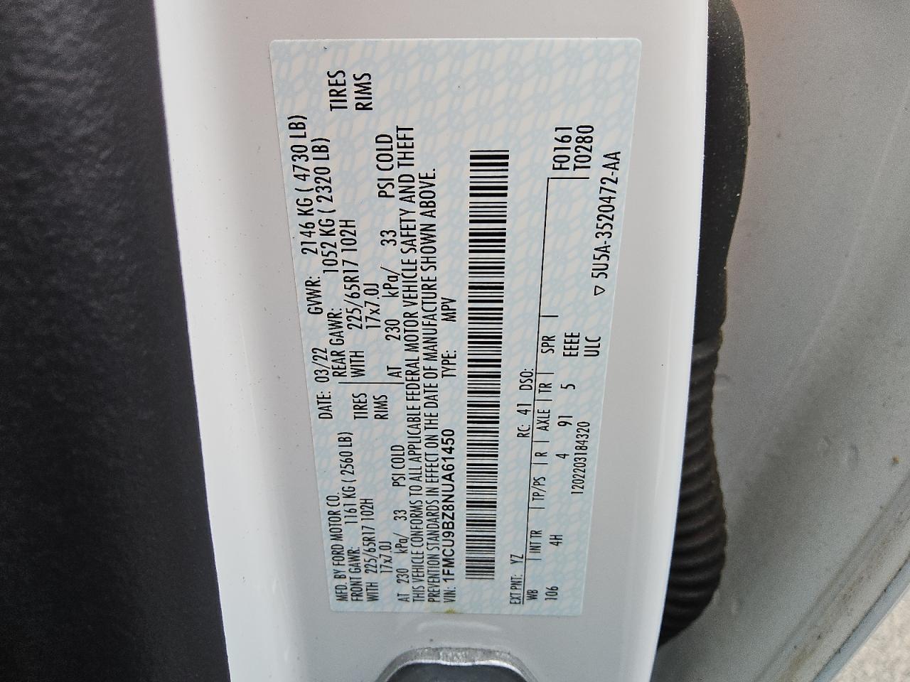 2022 Ford Escape Se VIN: 1FMCU9BZ8NUA61450 Lot: 64130385