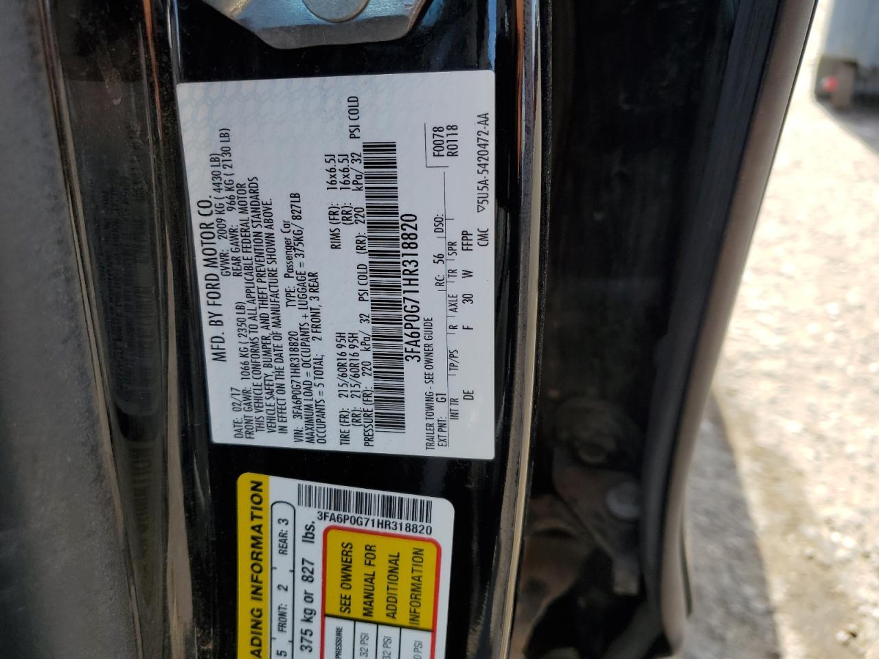 2017 Ford Fusion S VIN: 3FA6P0G71HR318820 Lot: 64508835