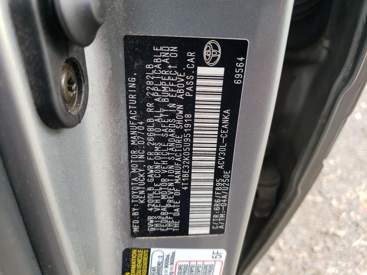 2005 Toyota Camry Le VIN: 4T1BE32K05U951918 Lot: 63088285