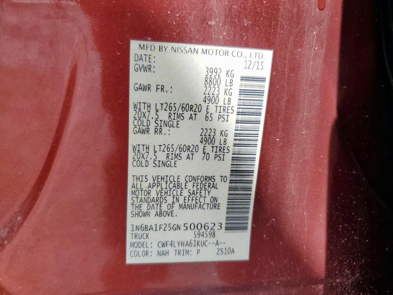 2016 Nissan Titan Xd Sl VIN: 1N6BA1F25GN500623 Lot: 63876965