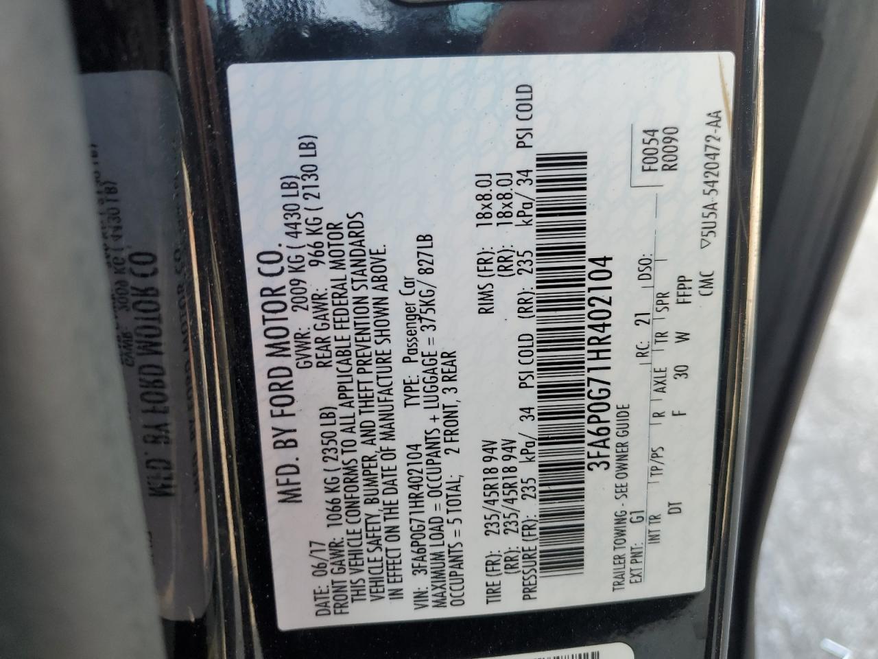 2017 Ford Fusion S VIN: 3FA6P0G71HR402104 Lot: 65556475