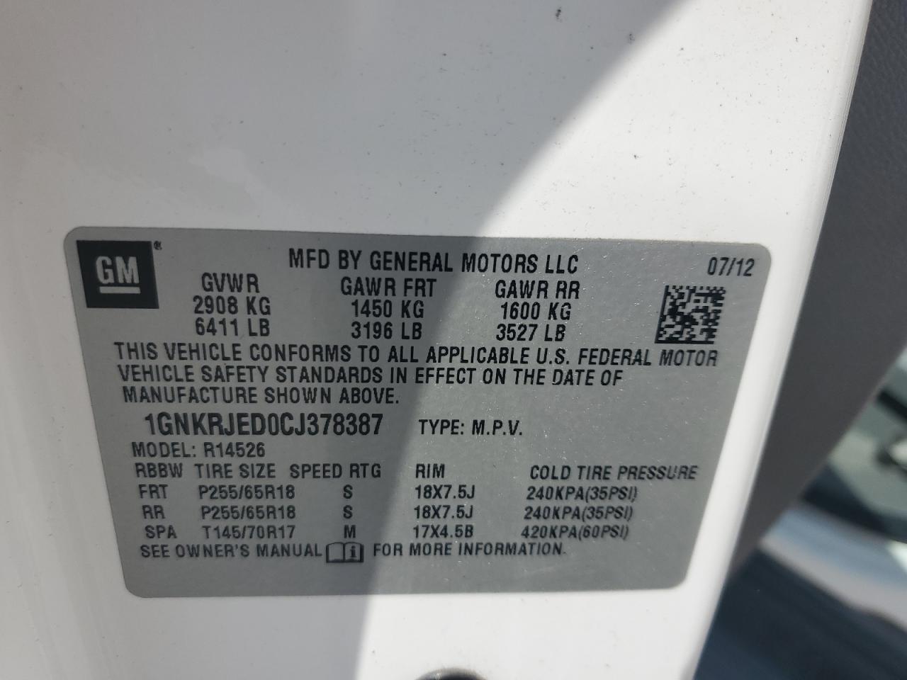 2012 Chevrolet Traverse Lt VIN: 1GNKRJED0CJ378387 Lot: 65107745