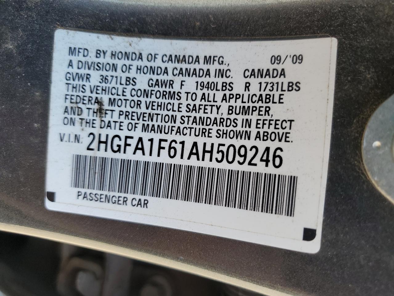 2010 Honda Civic Lx-S VIN: 2HGFA1F61AH509246 Lot: 62639845