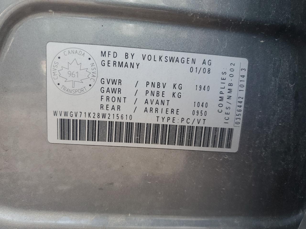 2008 Volkswagen Gti VIN: WVWGV71K28W215610 Lot: 61902335