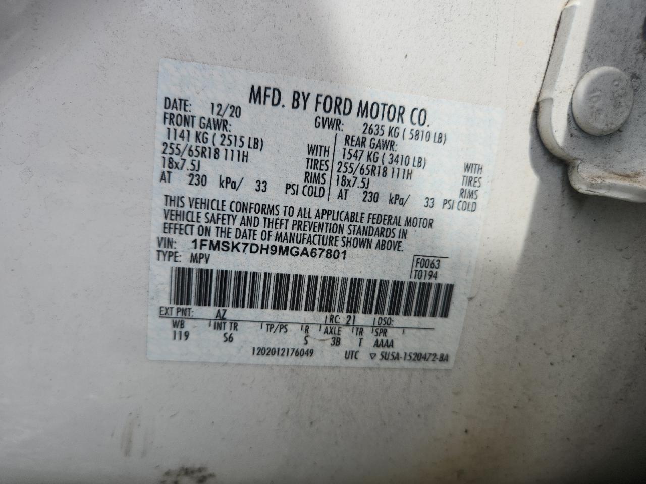 2021 Ford Explorer Xlt VIN: 1FMSK7DH9MGA67801 Lot: 62697975