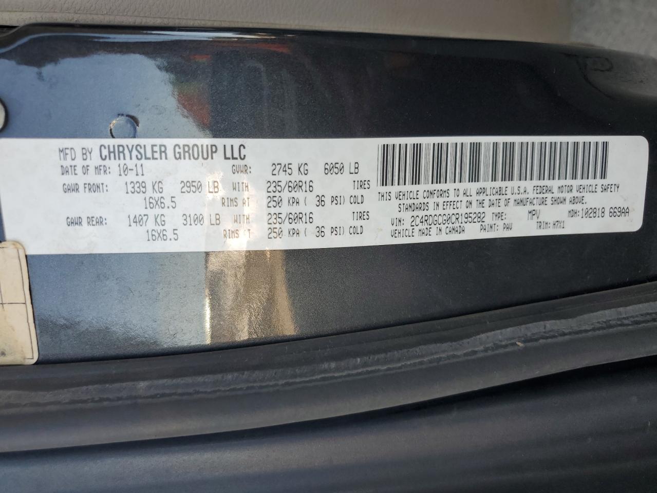 2012 Dodge Grand Caravan Sxt VIN: 2C4RDGCG0CR195282 Lot: 63917785