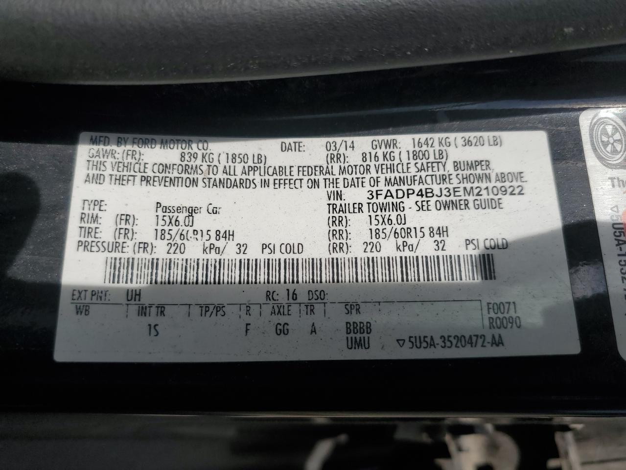 2014 Ford Fiesta Se VIN: 3FADP4BJ3EM210922 Lot: 64522225