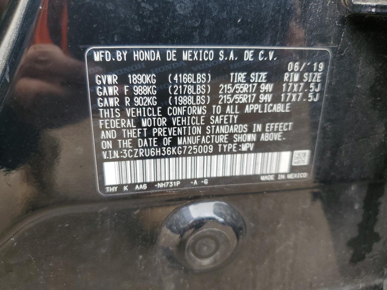 2019 Honda Hr-V Lx VIN: 3CZRU6H36KG725009 Lot: 66195475