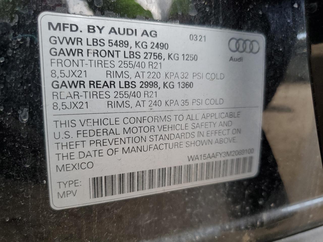 wa15aafy3m2069100 WA15AAFY3M2069100 2021 Audi Q5 Sportback Premium Plus