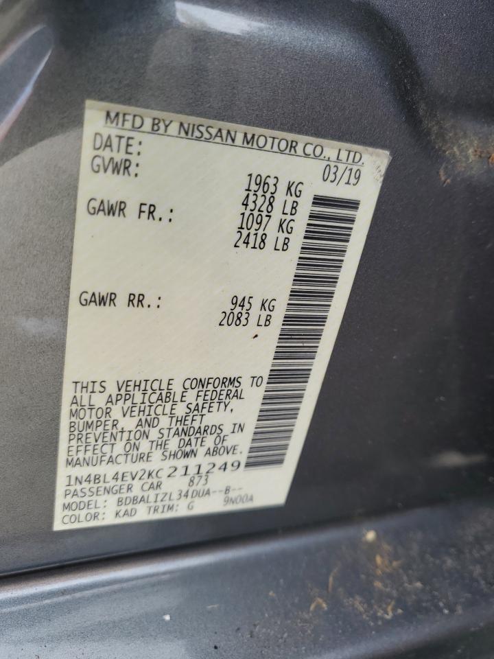 2019 Nissan Altima Sl VIN: 1N4BL4EV2KC211249 Lot: 62473275