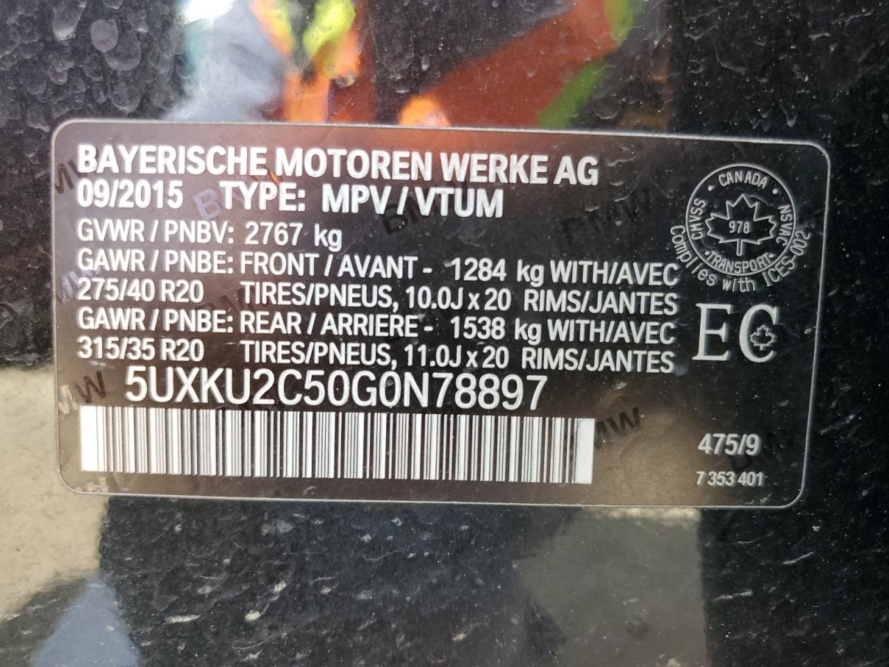 2016 BMW X6 xDrive35I VIN: 5UXKU2C50G0N78897 Lot: 63328025