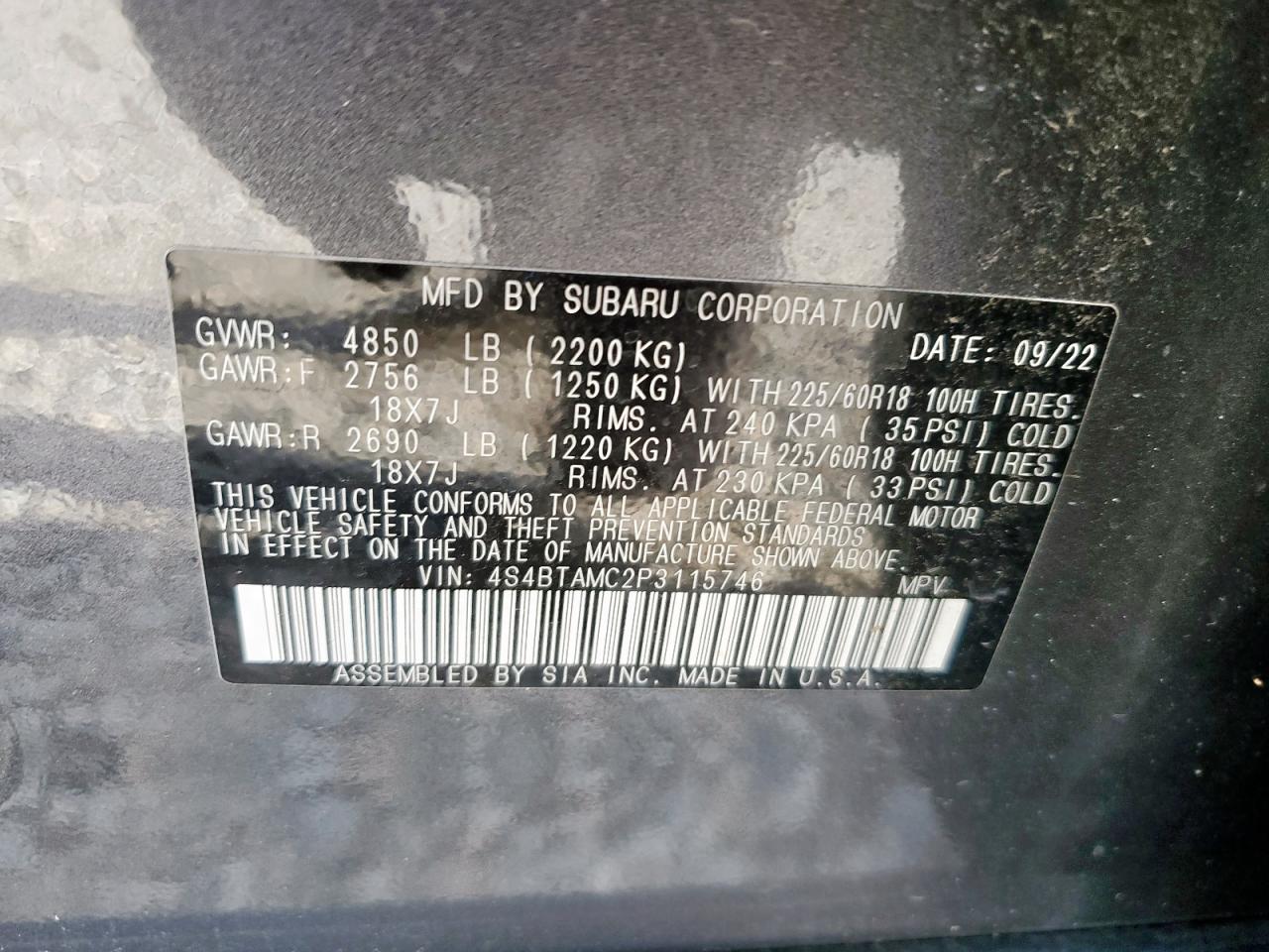 2023 Subaru Outback Limited VIN: 4S4BTAMC2P3115746 Lot: 64783005