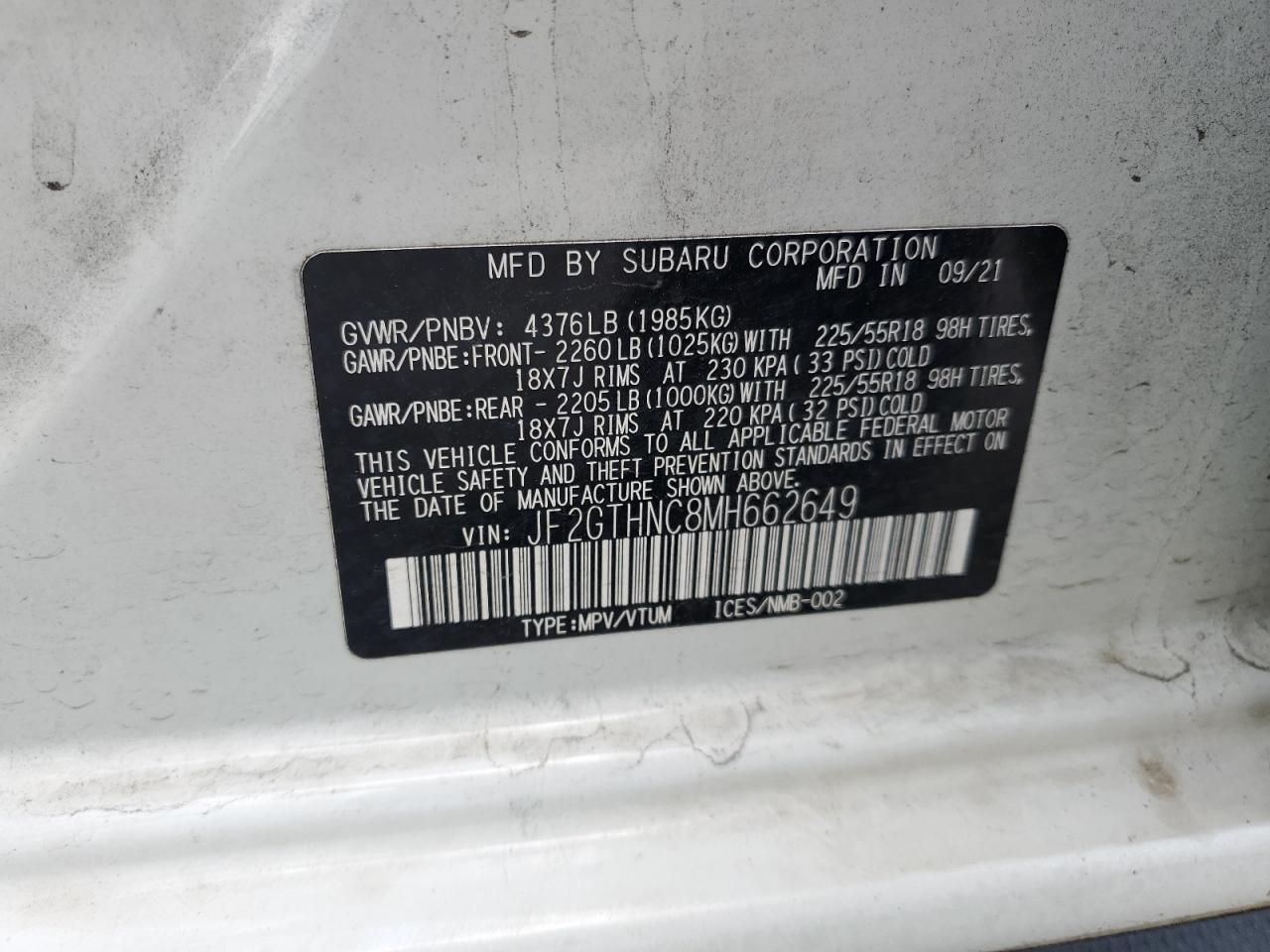 2021 Subaru Crosstrek Limited VIN: JF2GTHNC8MH662649 Lot: 65528095
