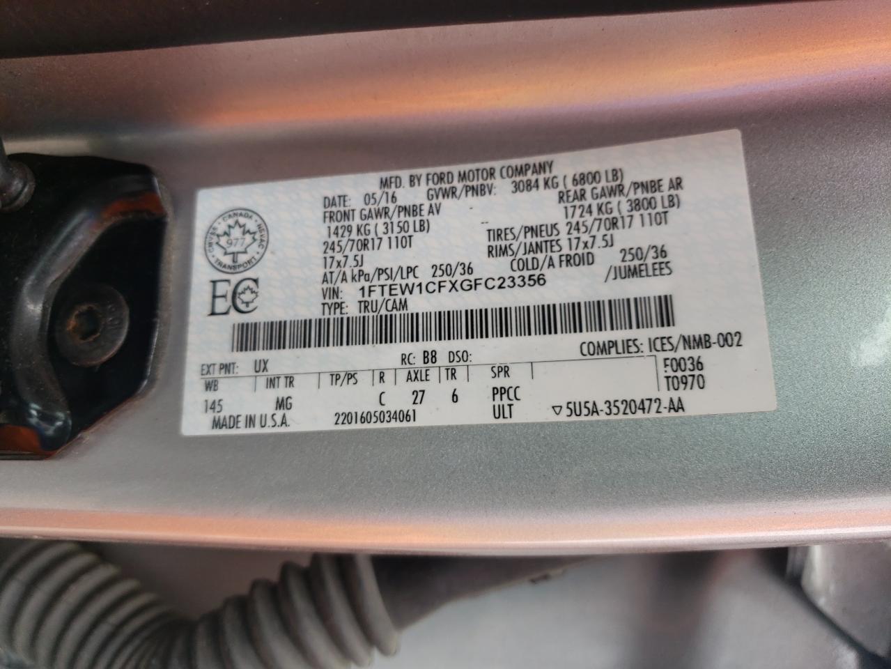 2016 Ford F150 Supercrew VIN: 1FTEW1CFXGFC23356 Lot: 63203245