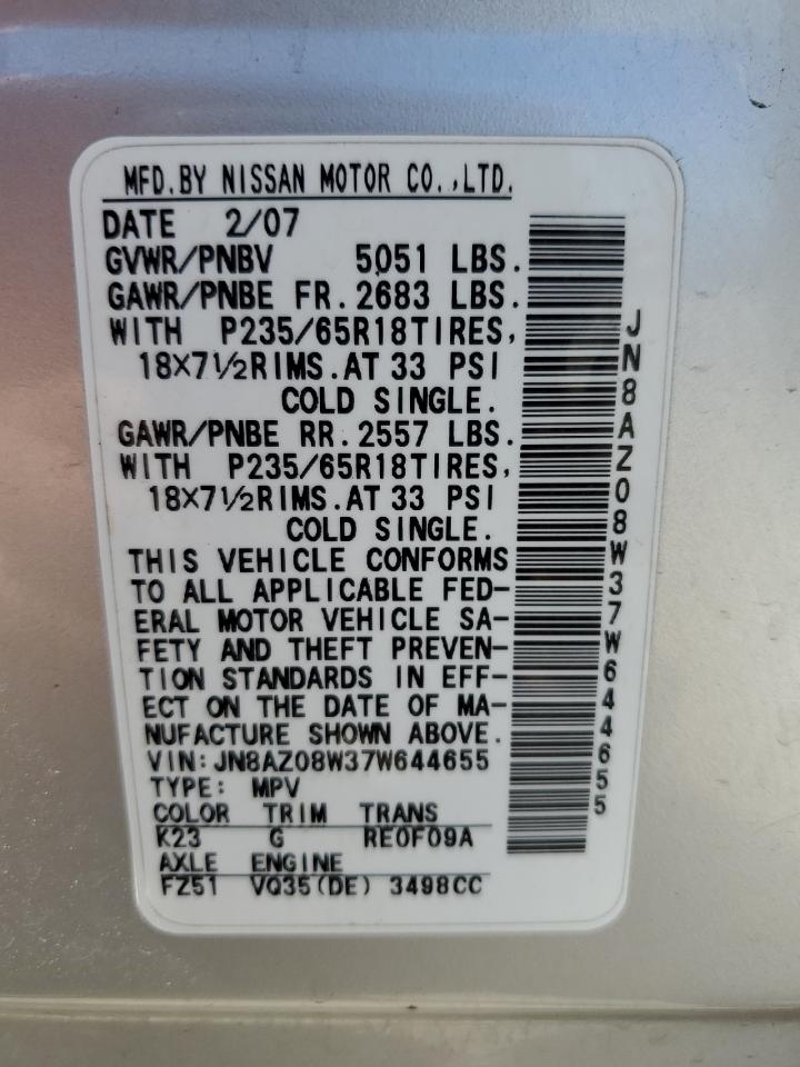2007 Nissan Murano Sl VIN: JN8AZ08W37W644655 Lot: 64701555