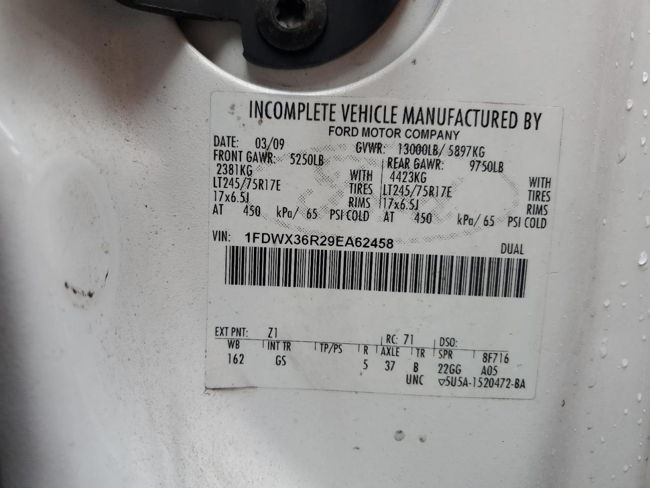2009 Ford F350 Super Duty VIN: 1FDWX36R29EA62458 Lot: 62671465
