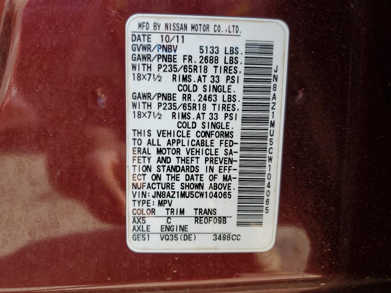 2012 Nissan Murano S VIN: JN8AZ1MU5CW104065 Lot: 65350445