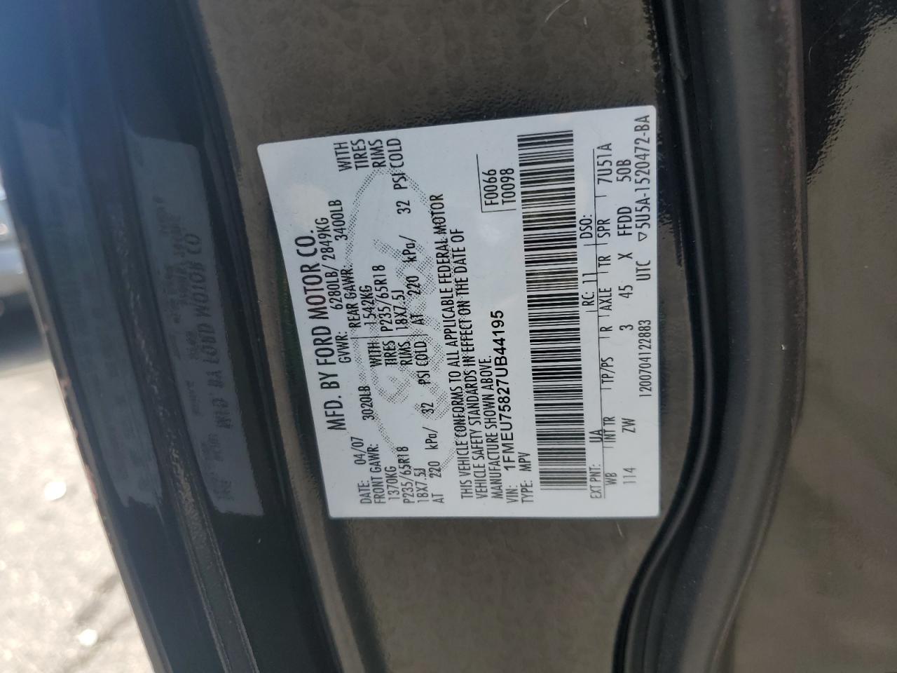 2007 Ford Explorer Limited VIN: 1FMEU75827UB44195 Lot: 65133025
