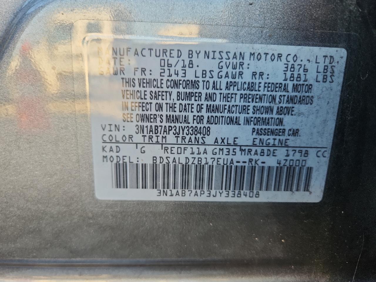 3n1ab7ap3jy338408 3N1AB7AP3JY338408 2018 Nissan Sentra S