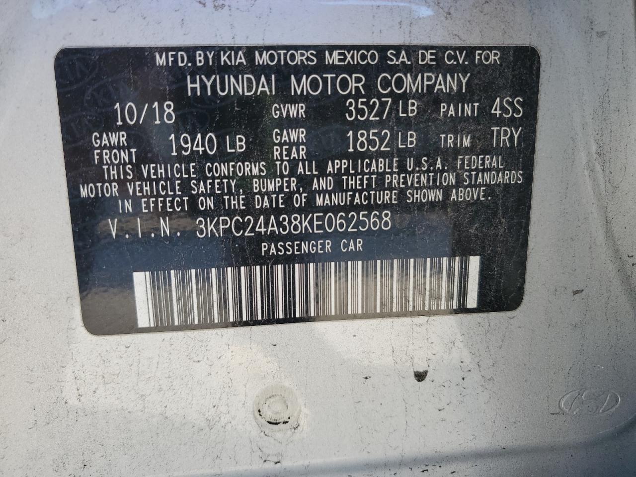 2019 Hyundai Accent Se VIN: 3KPC24A38KE062568 Lot: 65010675