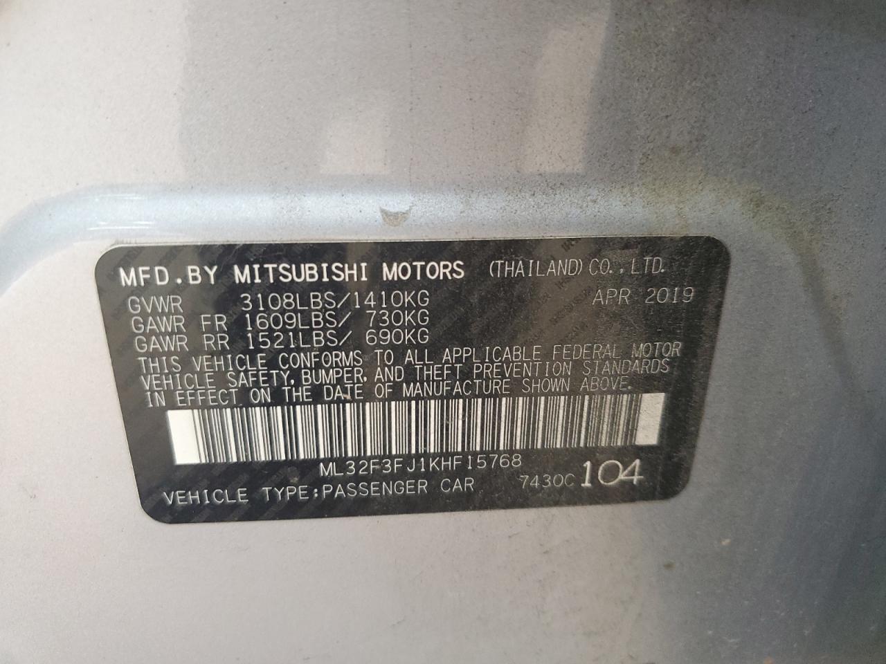 2019 Mitsubishi Mirage G4 Es VIN: ML32F3FJ1KHF15768 Lot: 63610475