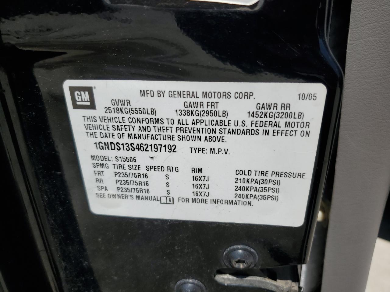 2006 Chevrolet Trailblazer Ls VIN: 1GNDS13S462197192 Lot: 63494915