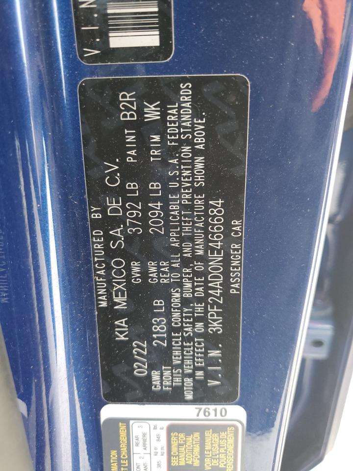 2022 Kia Forte Fe VIN: 3KPF24AD0NE466684 Lot: 65680105