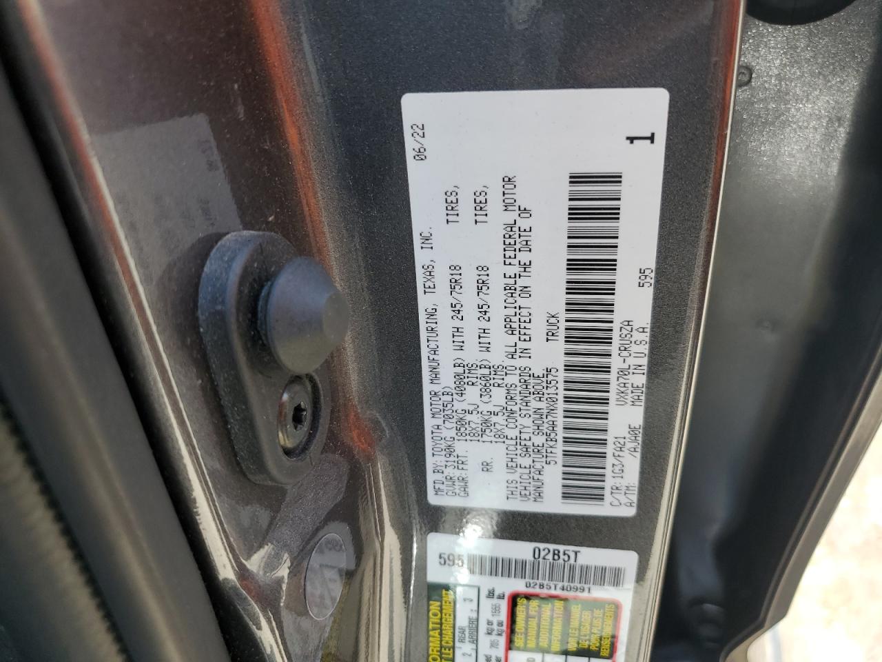 2022 Toyota Tundra Double Cab Sr VIN: 5TFKB5AA7NX013575 Lot: 66948205