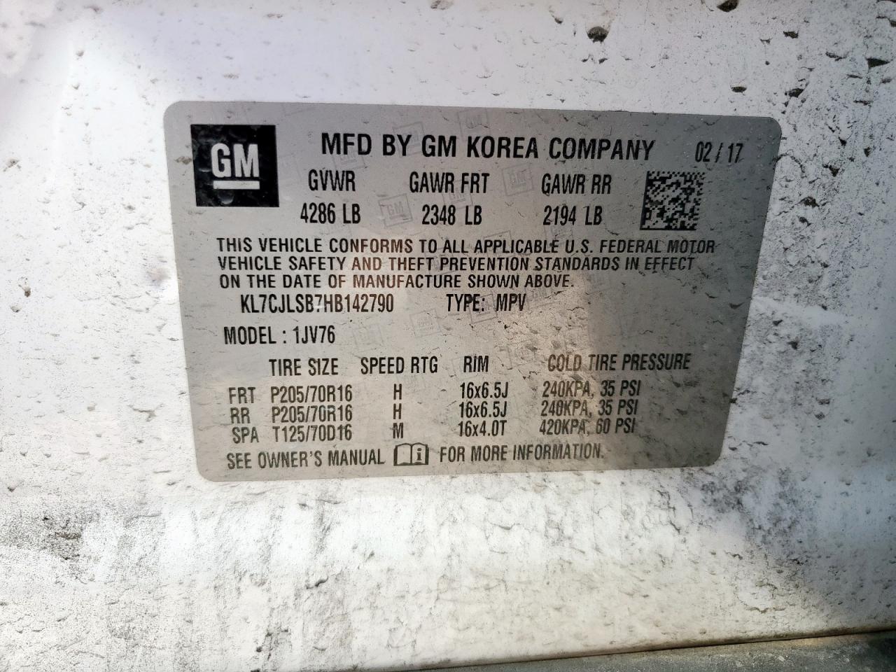 2017 Chevrolet Trax 1Lt VIN: KL7CJLSB7HB142790 Lot: 65652805