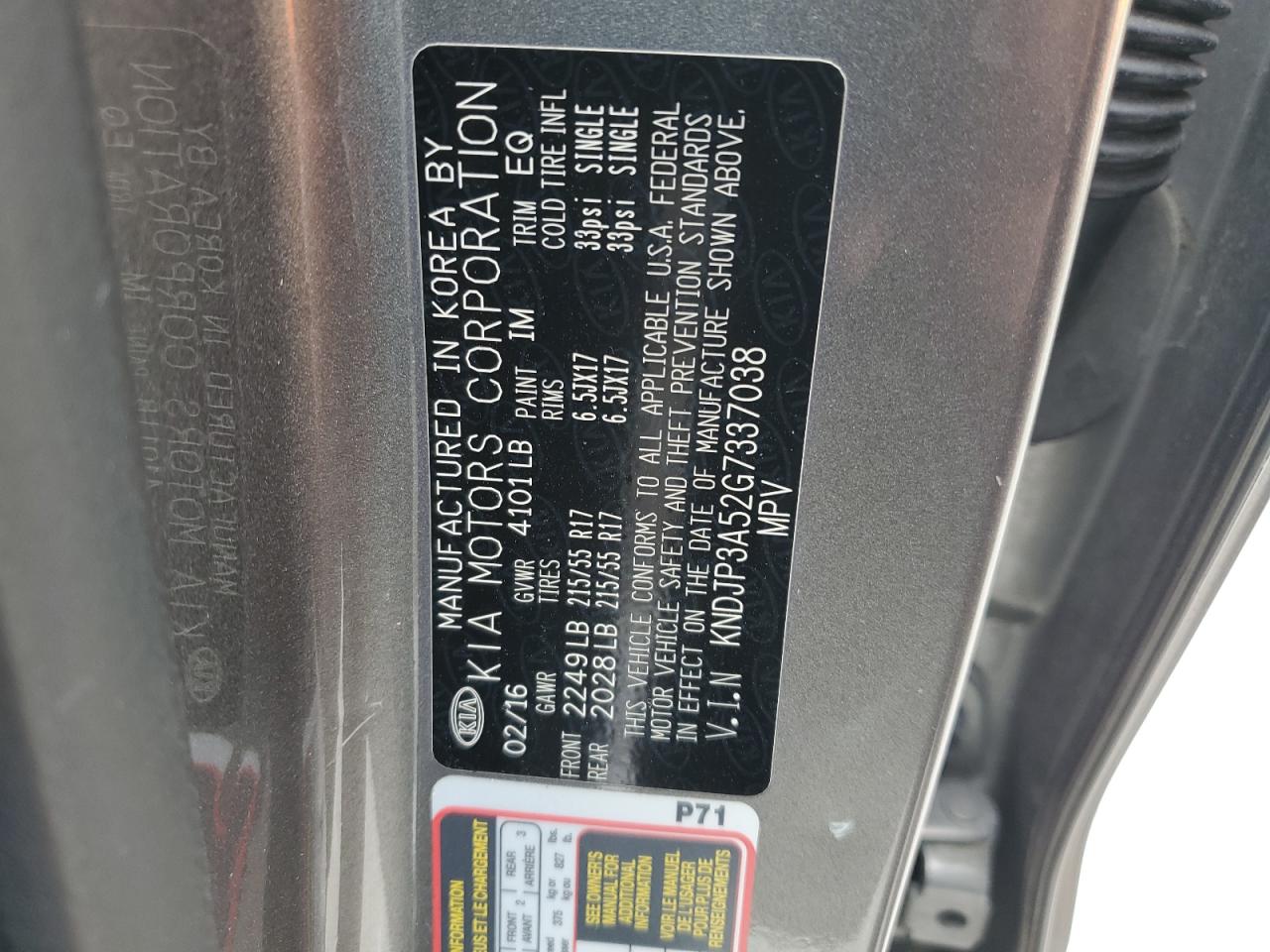 2016 Kia Soul + VIN: KNDJP3A52G7337038 Lot: 67210915