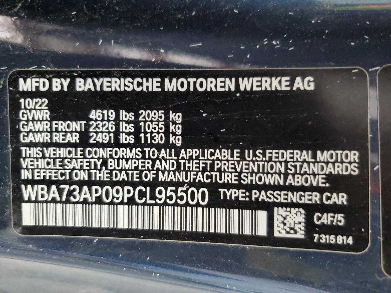 2023 BMW 430Xi VIN: WBA73AP09PCL95500 Lot: 66435545