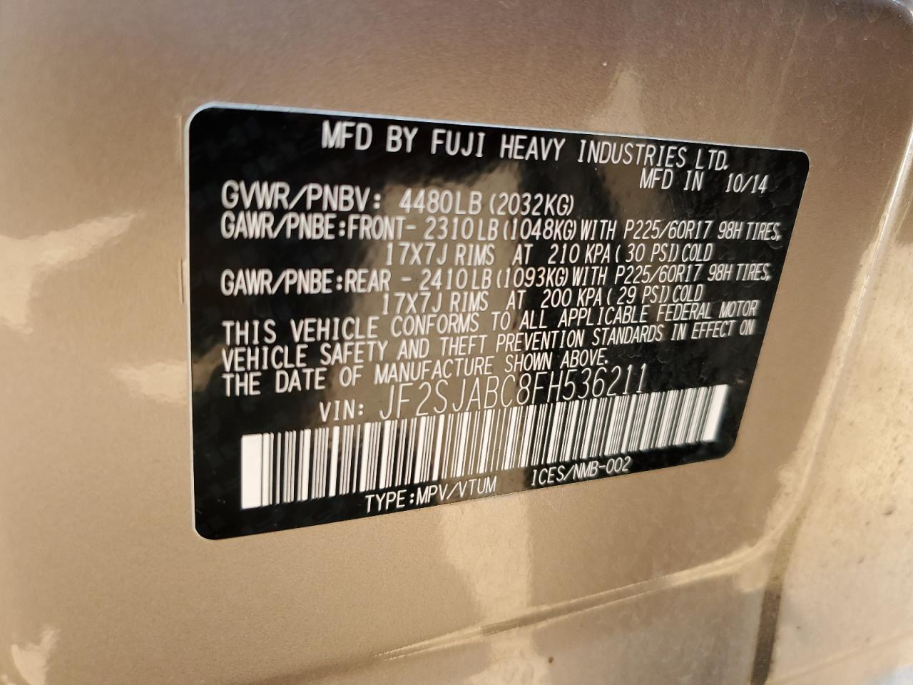 2015 Subaru Forester 2.5I VIN: JF2SJABC8FH536211 Lot: 64650955
