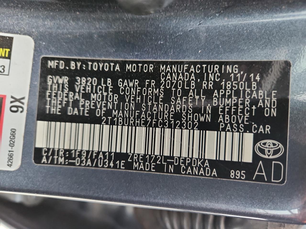 2015 Toyota Corolla L VIN: 2T1BURHE7FC312302 Lot: 64037845
