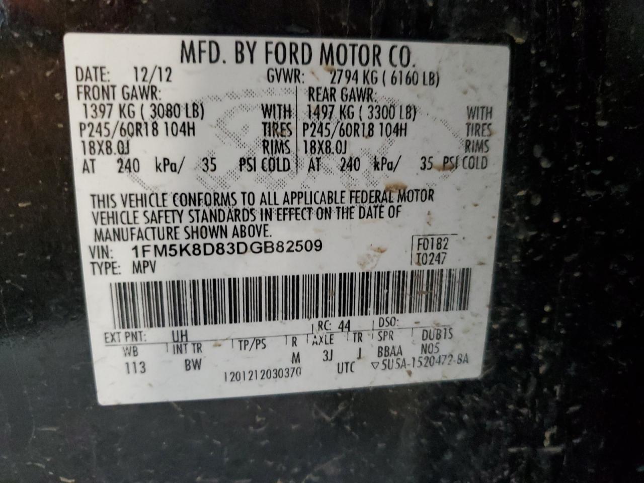 2013 Ford Explorer Xlt VIN: 1FM5K8D83DGB82509 Lot: 64172305