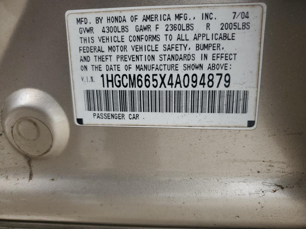 2004 Honda Accord Ex VIN: 1HGCM665X4A094879 Lot: 63993805
