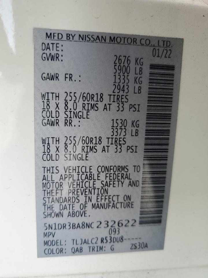 2022 Nissan Pathfinder Sv VIN: 5N1DR3BA8NC232622 Lot: 63013285