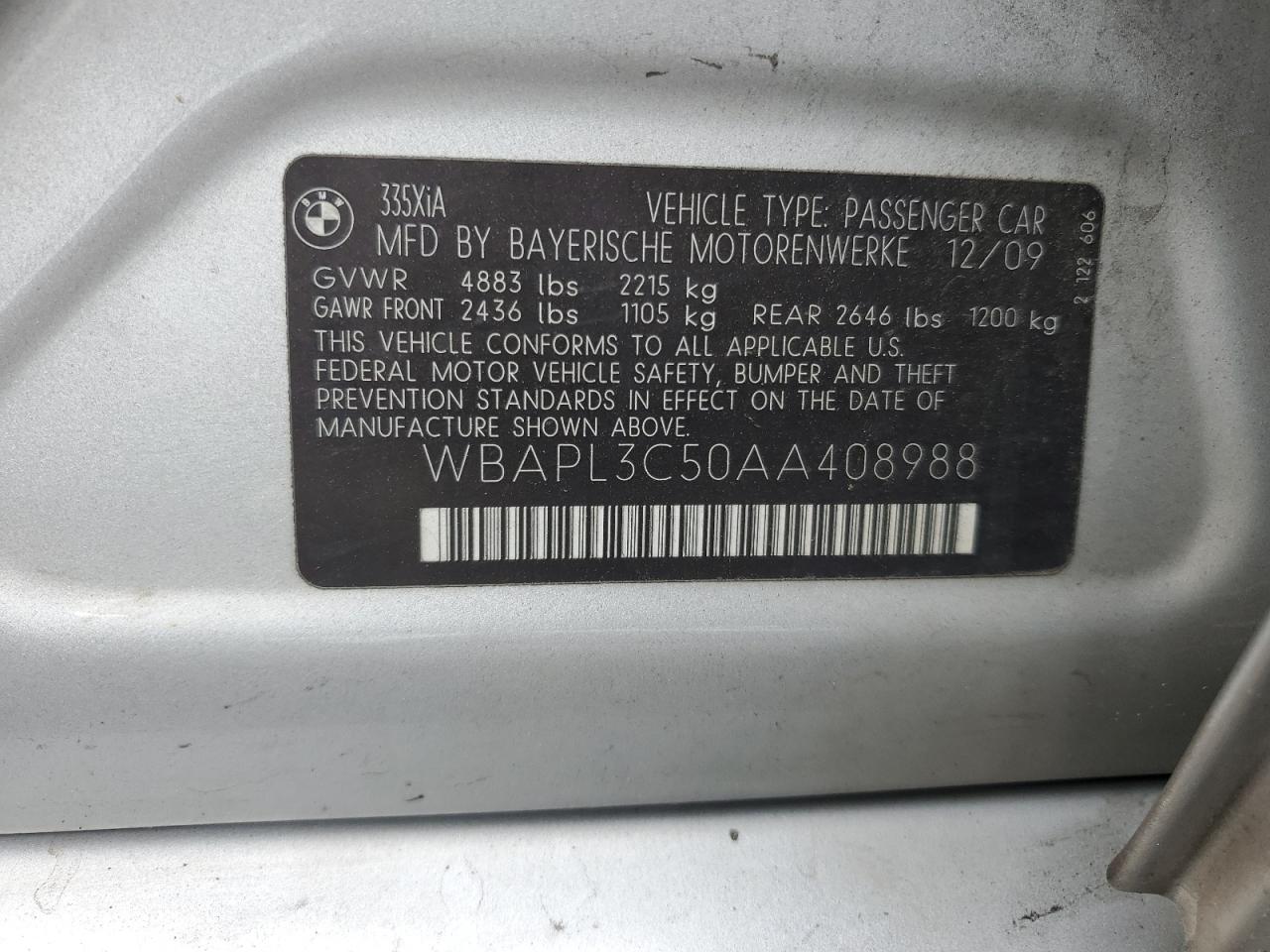2010 BMW 335 Xi VIN: WBAPL3C50AA408988 Lot: 65084975