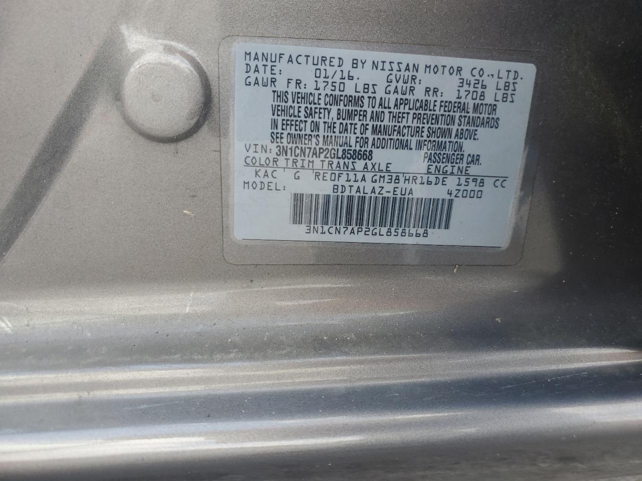 2016 Nissan Versa S VIN: 3N1CN7AP2GL858668 Lot: 61877815