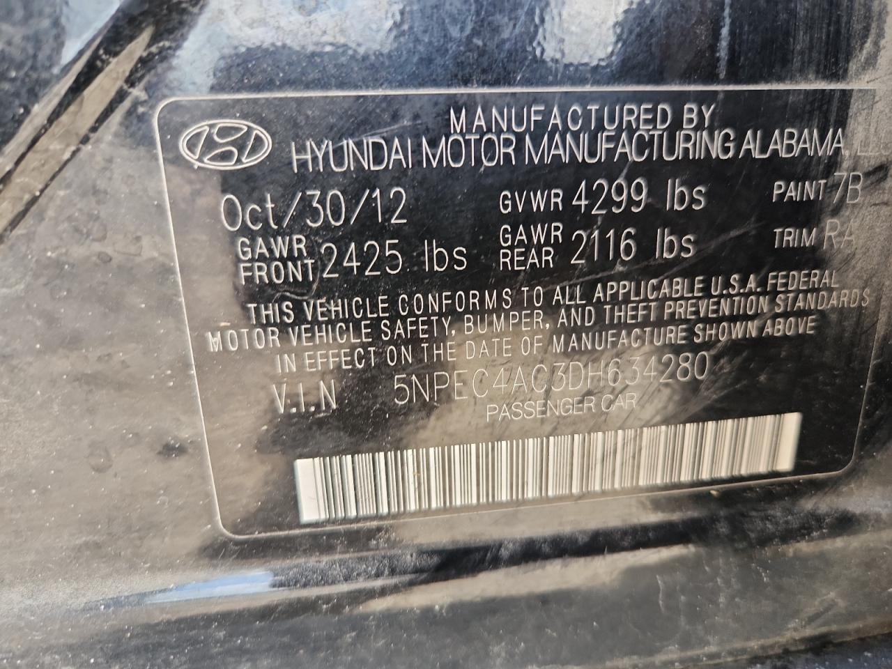 2013 Hyundai Sonata Se VIN: 5NPEC4AC3DH634280 Lot: 65441005
