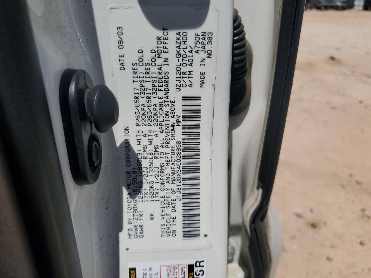 2004 Lexus Gx 470 VIN: JTJBT20X340028838 Lot: 64822495