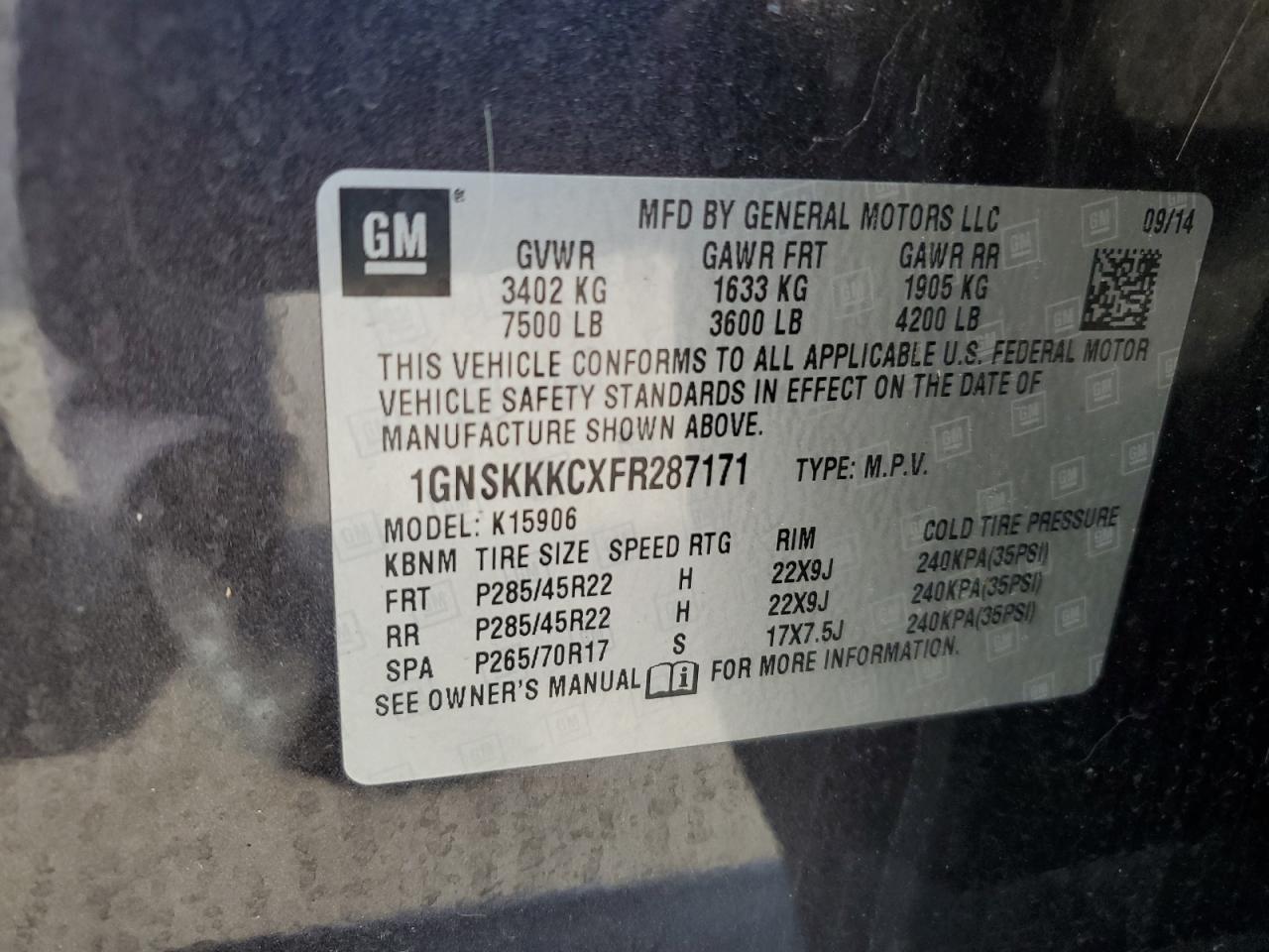 1gnskkkcxfr287171 1GNSKKKCXFR287171 2015 Chevrolet Suburban K1500 Ltz