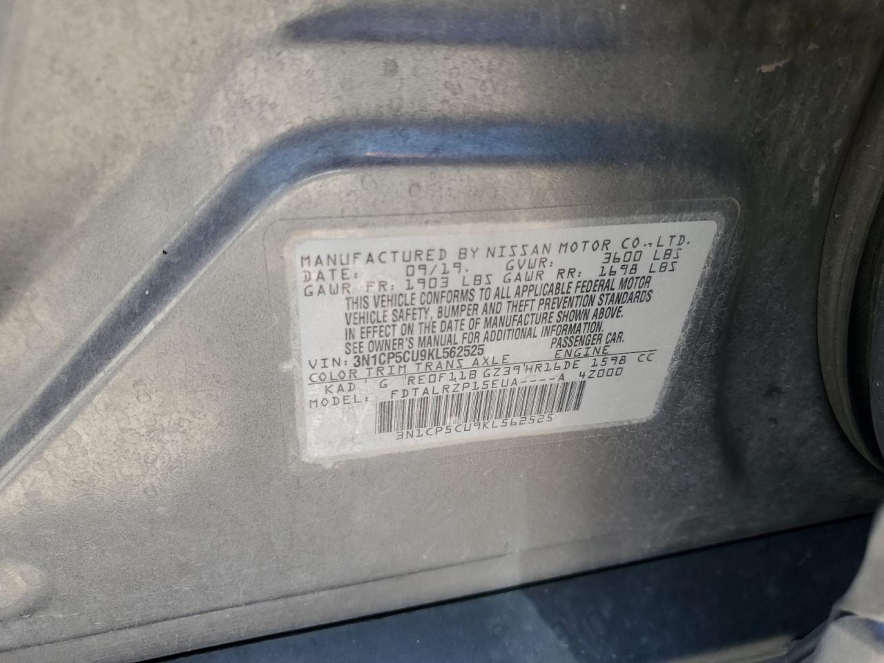 2019 Nissan Kicks S VIN: 3N1CP5CU9KL562525 Lot: 64369155