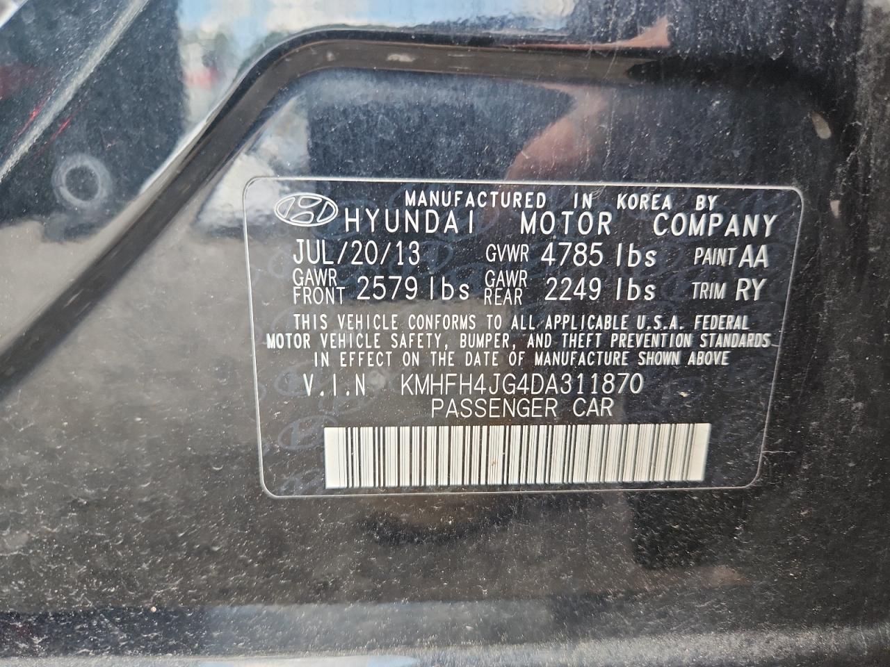 2013 Hyundai Azera Gls VIN: KMHFH4JG4DA311870 Lot: 65090225