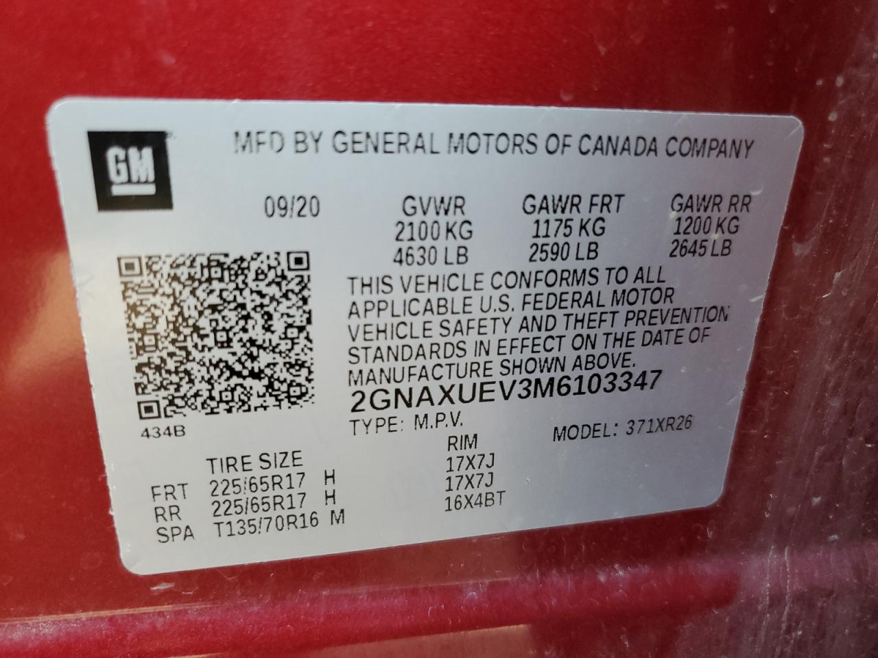 2021 Chevrolet Equinox Lt VIN: 2GNAXUEV3M6103347 Lot: 65297225