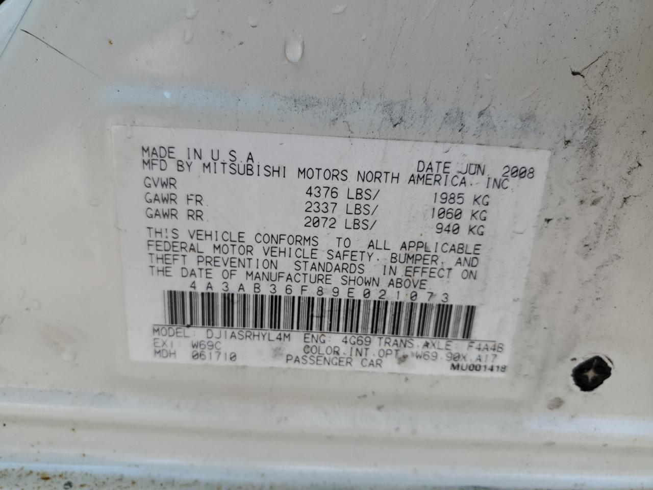 2009 Mitsubishi Galant Es VIN: 4A3AB36F89E021073 Lot: 64209365